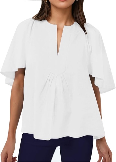 Small - Kedera Womens White Blouse V Neck Flutter Sleeve Linen Shirts Casual Cute Summer Tops