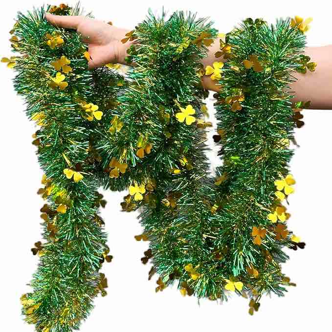 LKBBC St. Patrick Day Tinsel Garland, 50 FT Green Gold Fringe Garlands with Lucky Shamrock Clover Hanging Glitter Streamers for Irish Ireland Themed Party Home Decoration