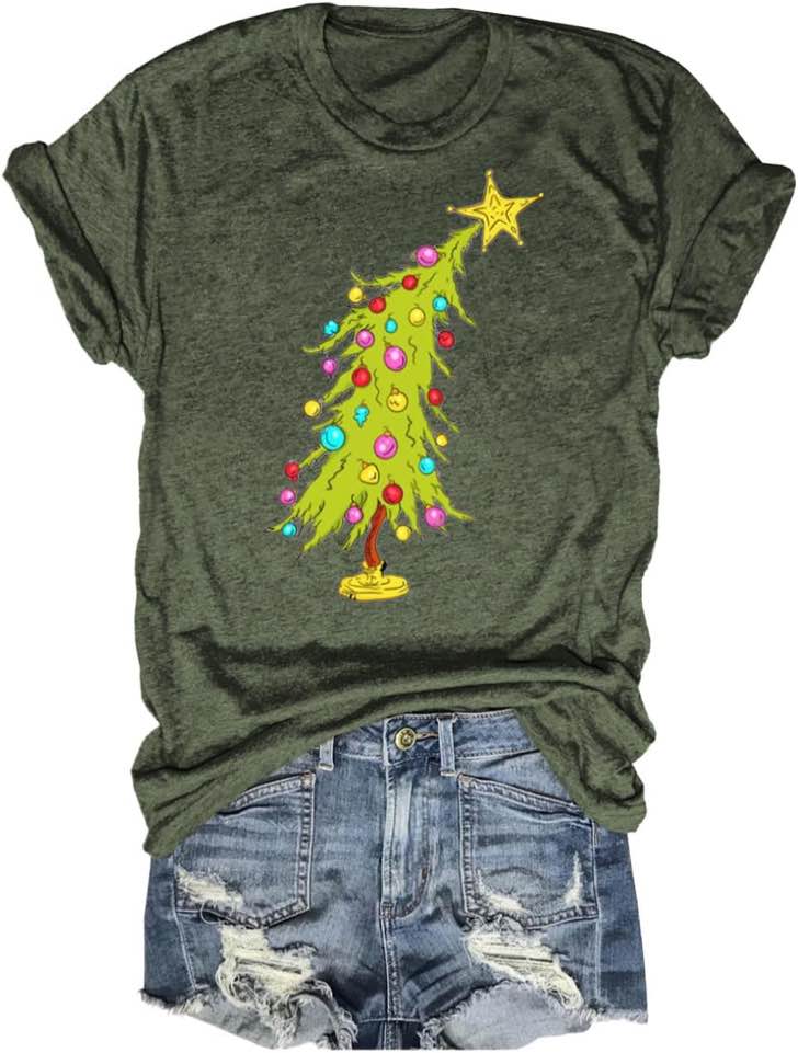 Beopjesk Christmas Shirts Womens Leopard Plaid Trees Printed Casual Short Sleeve Graphic Tees Tops(722-Tree-Grey,XL), X-Large