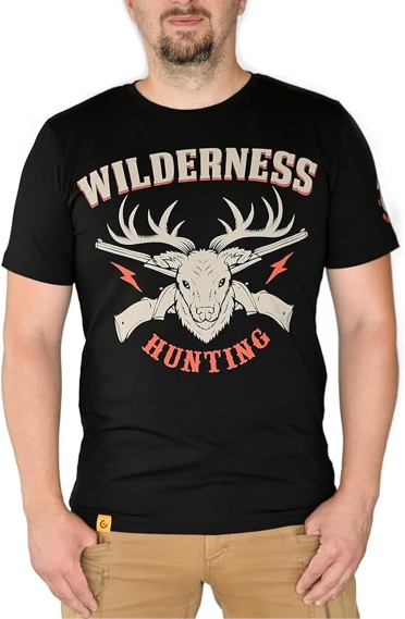 Premium Graphic Tees - Wilderness Hunting Men's Short Sleeve Graphic T-Shirts (US, Alpha, Large, Regular, Regular, Black)