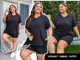 Vozanet Womens Ribbed Knit Lounge Set Sexy Pajamas T-shirt with Shorts Sleepwear Sweatsuit Plus Size Outfits Tracksuit - 4XL
