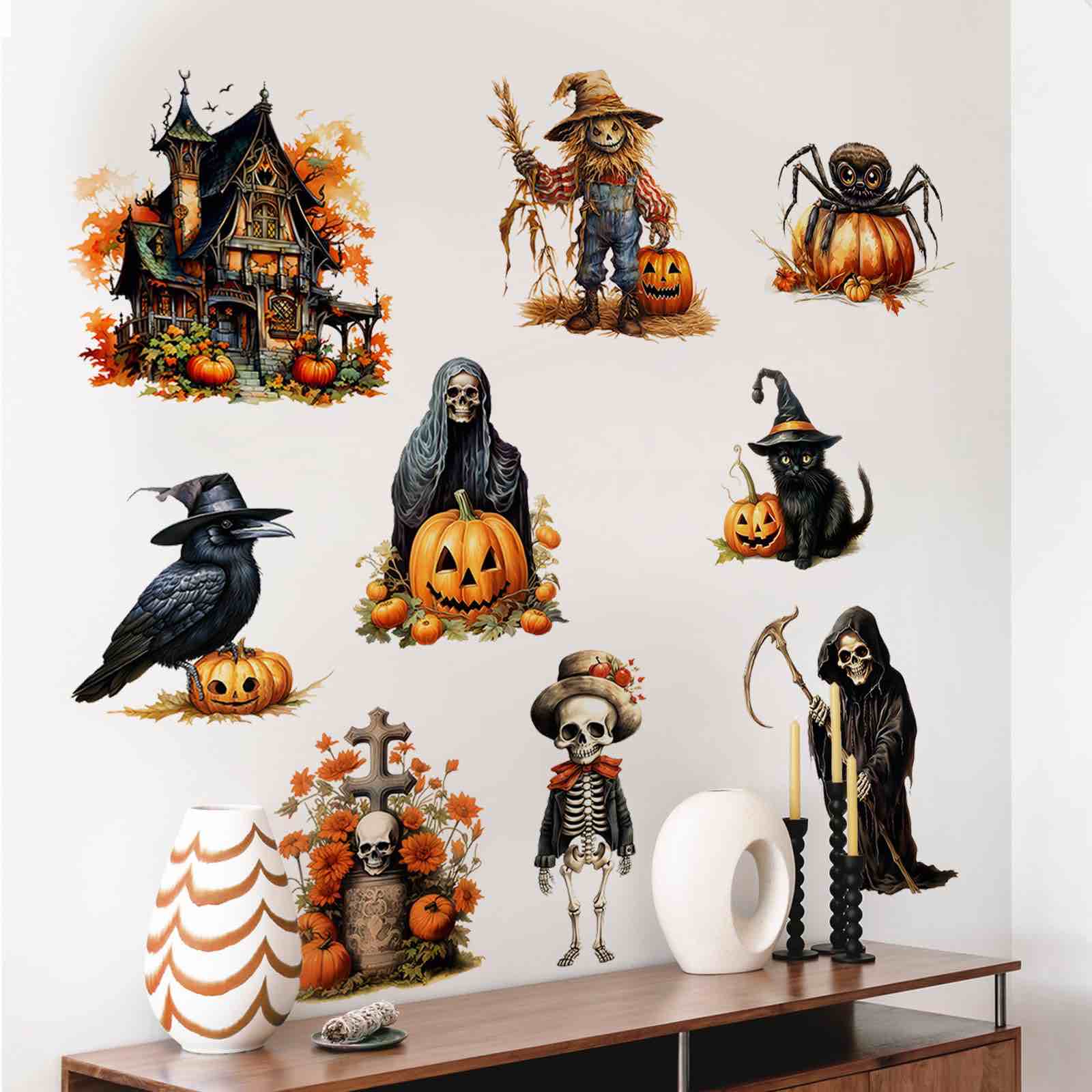 halloween witch haunted castle wall decals scarecrow black cat skeleton grave wall stickers peel and stick wall art decor sticker for halloween party supplies