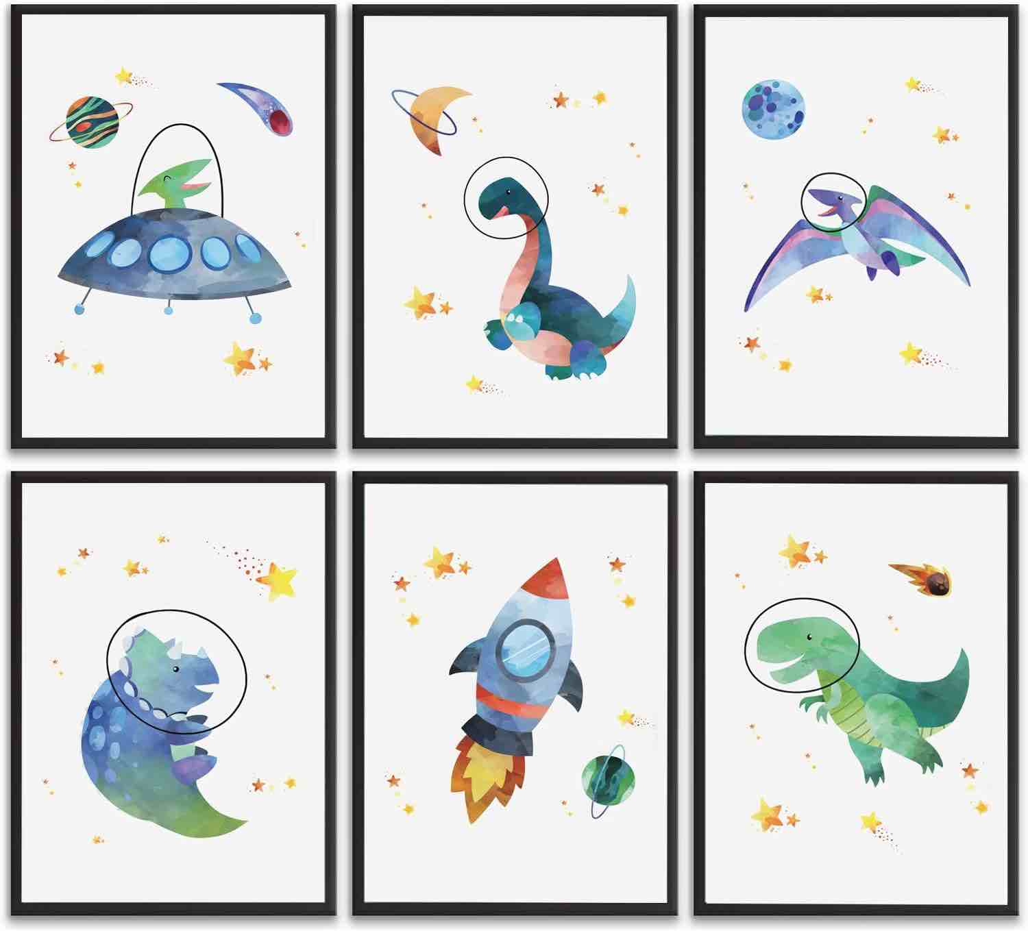 6Pcs Outer Space Dinosaur Adventure Wall Art Solar System Stars Astronaut Dinosaur Rocket 