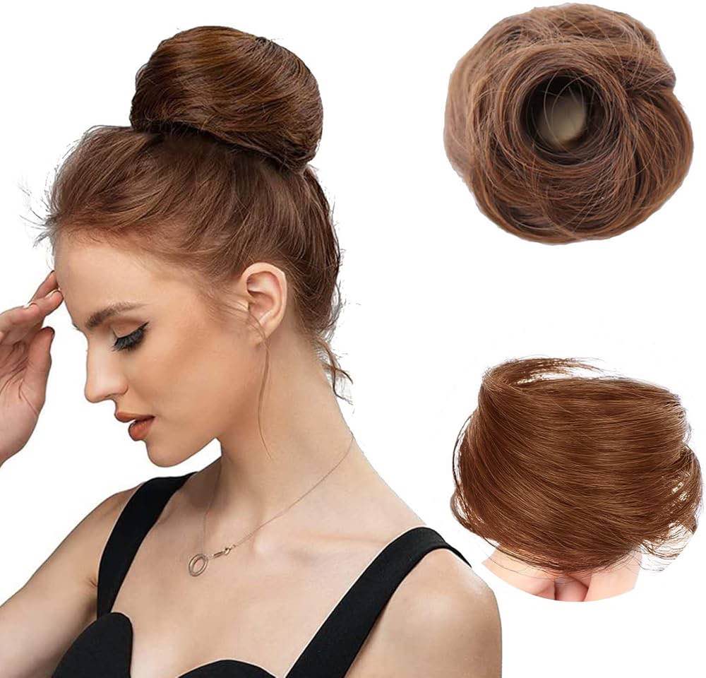 Messy Bun Hair Piece Human Hair Light Brown Hair with Elastic Band Scrunchies Stretchy Fluffy Chignon Ponytail 