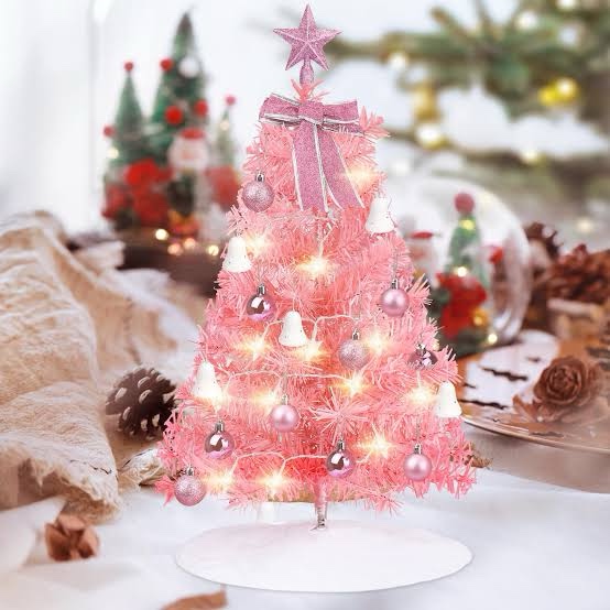 Jesdoo Mini Christmas Tree,24 in/60CM Artificial Small Christmas Tree with Led Lights/Ornaments, Tabletop Christmas Tree for Kids Christmas Decoration Gifts(Pink)