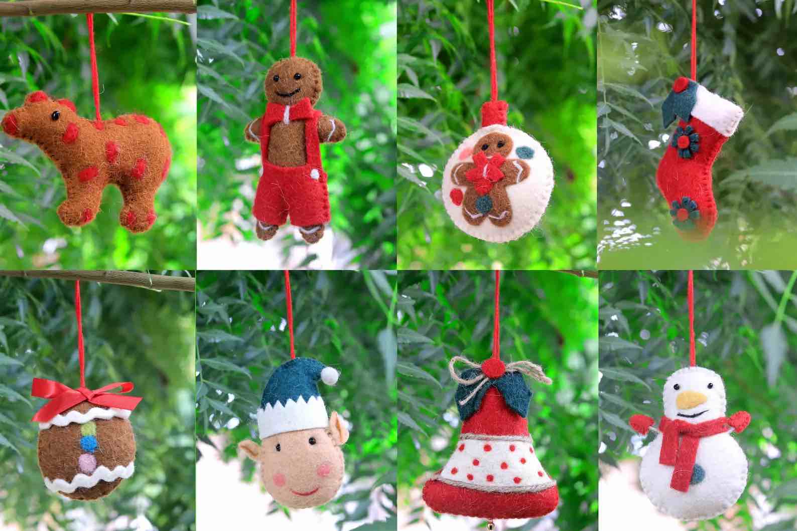 Handmade Christmas Felt Hanging Ornaments (Set of 8) — Snowman, Santa, Stocking, Bread, Bell, Bear