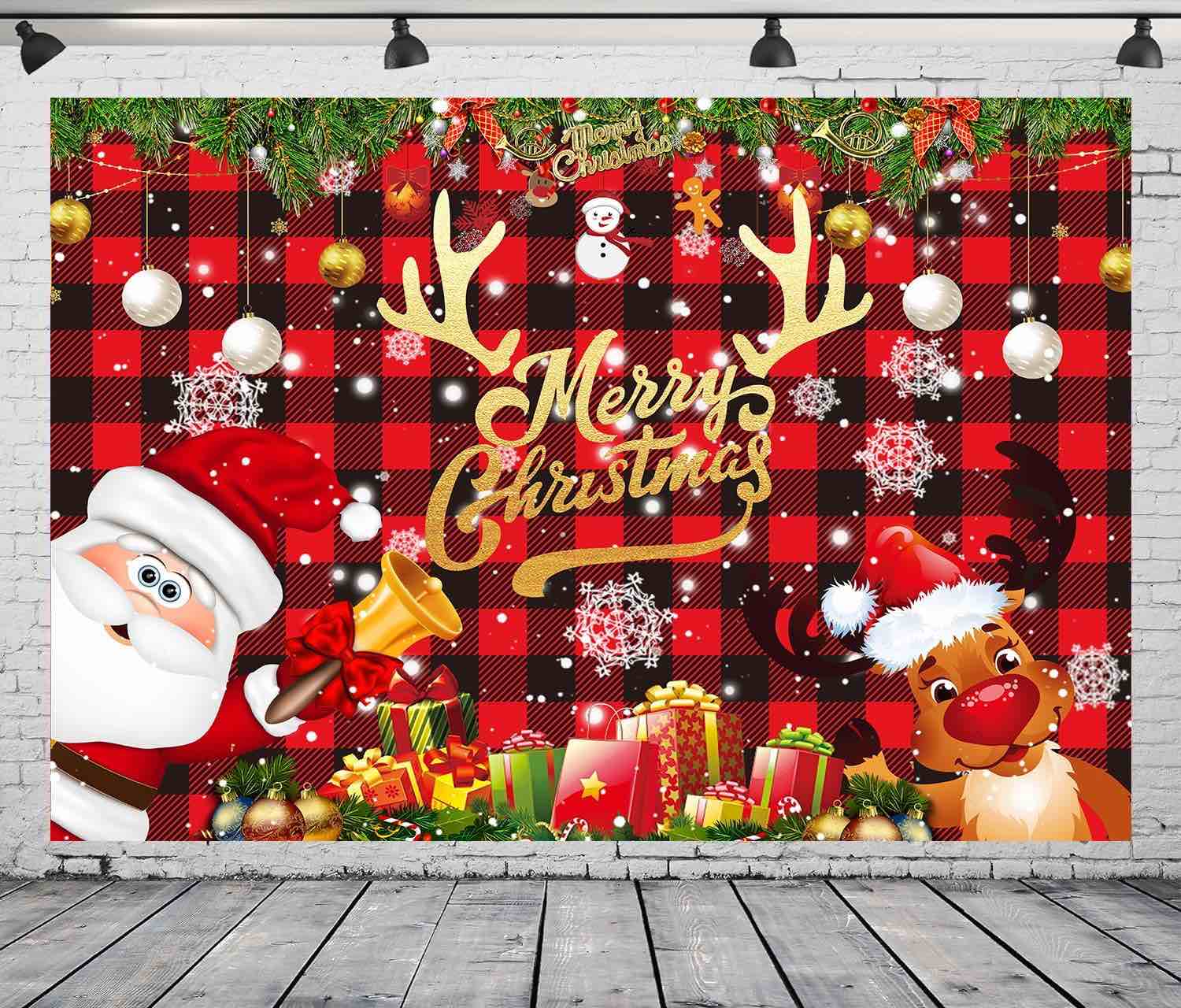 DePhoto 9x6FT Merry Xmas Christmas Backdrop Santa Claus The Rattle Reindeer Gift Box Christmas Ball for Family Party Portrait Photo Studio Props Background Vinyl