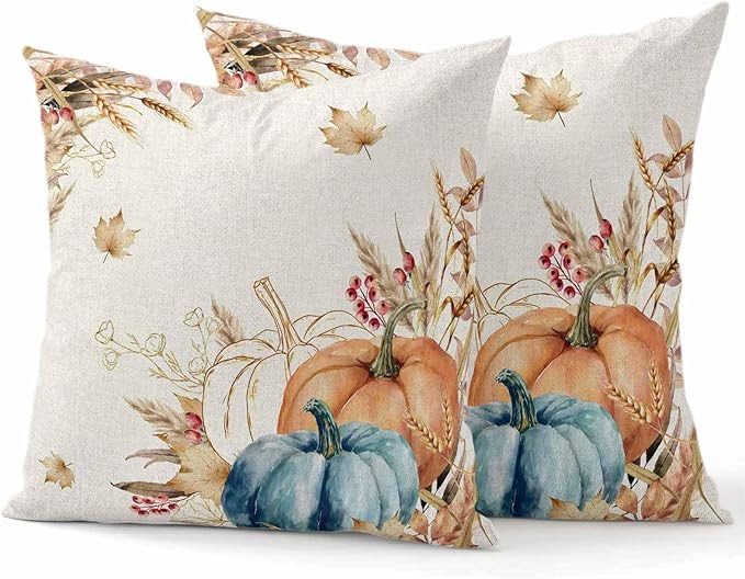 thanksgiving fall throw pillow covers 18x18 set of 2 orange blue pumpkin harvest leaf holiday pillows decorative throw cushion case for sofa couch bedroom farmhouse