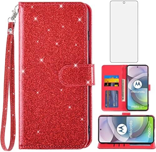 Asuwish Red Phone Case for Moto One 5G/One5G UW/Moto G G5 Plus Wallet Cell Cover with Tempered Glass Screen Protector Strap Glitter Zipper Flip Credit Card Holder Motorola One Lite XT2075-1 Women Red