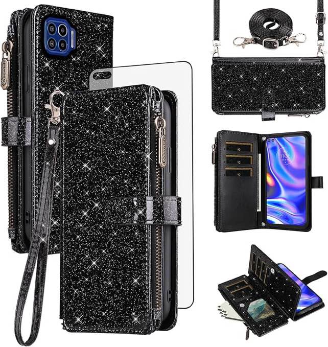 Asuwish Phone Case for Moto One 5G/One5G UW/Moto G G5 Plus Wallet Cell Cover with Tempered Glass Screen Protector Strap Glitter Zipper Flip Credit Card Holder Motorola One Lite XT2075-1 Women Red