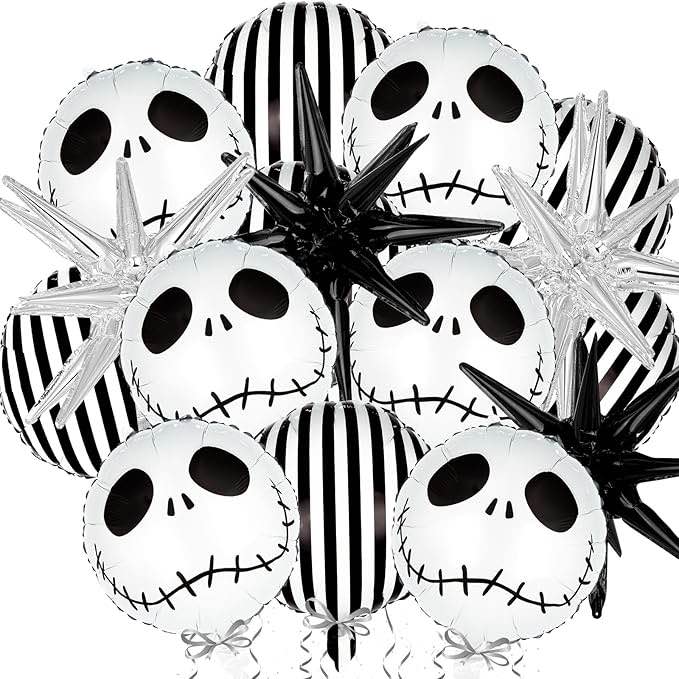 LILLBJORNEN 16pc Skull & Stripe Balloons Set - Black & White, 18" & 22" - Halloween, Birthday - Self-Sealing, Aluminum Mylar Foil