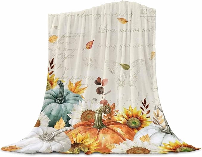 Fall Thanksgiving Throw Blanket Watercolor Orange White Pumpkin Blanket Throw Soft Warm Sunflower Leaves Retro Holiday Flannel Blankets for Couch Bed Sofa Throw Blanket for Home Decoration 40" x 50"