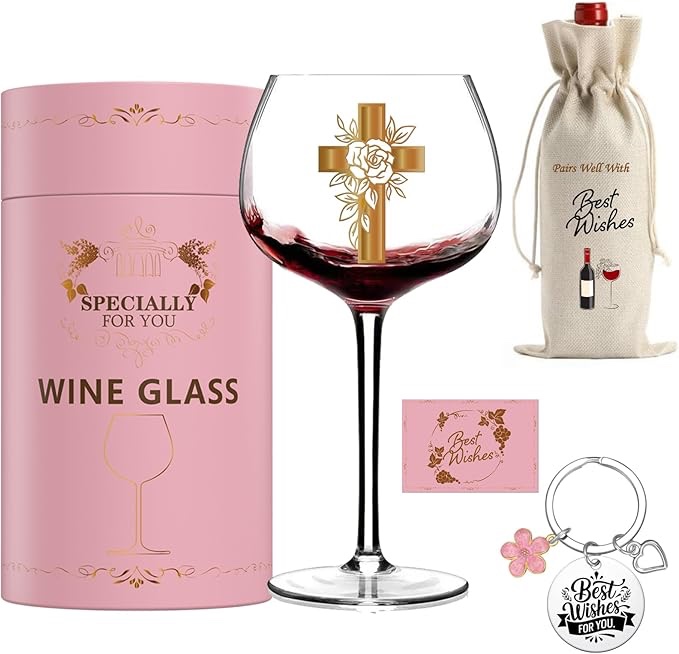 GALOFAY Christian Gifts for Women Wine Glasses, Cool Personalized Christian Wine Glass Set, Pink Gift Package with Goblet, Wine Bag, Key Chain, and Card for Woman Faith