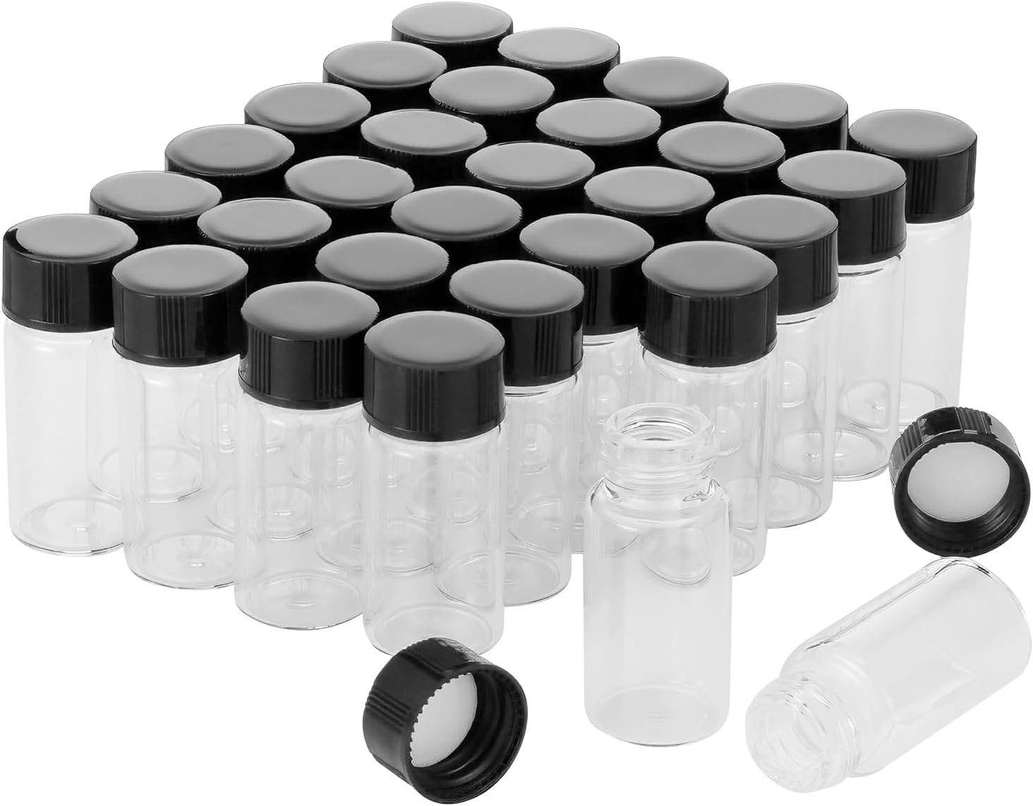 100 Pack,Glass Essential Oil Bottle with Screw Caps,Empty Refillable Travel Glass Liquid Sample Vial Labs Preservation Storage Leakproof Vials Test Container with Black Screw Caps (Clear, 5ml)