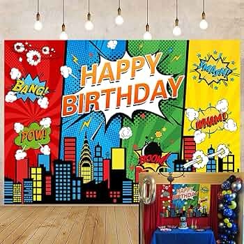 Happy Birthday Banner Ejovpie Gaming Theme Super Theme Hero Backdrop with City Design Indoor Outdoor Party Decor 43X71 IN (H4)