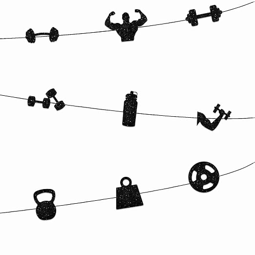 9pcs Black Glitter Silhouette Fitness Equipment Banner for Weight lifting Lover's Athlete Body Builder Sport Gym Theme Party Background Decorations Men Boys Birthday Party Decor Supplies
