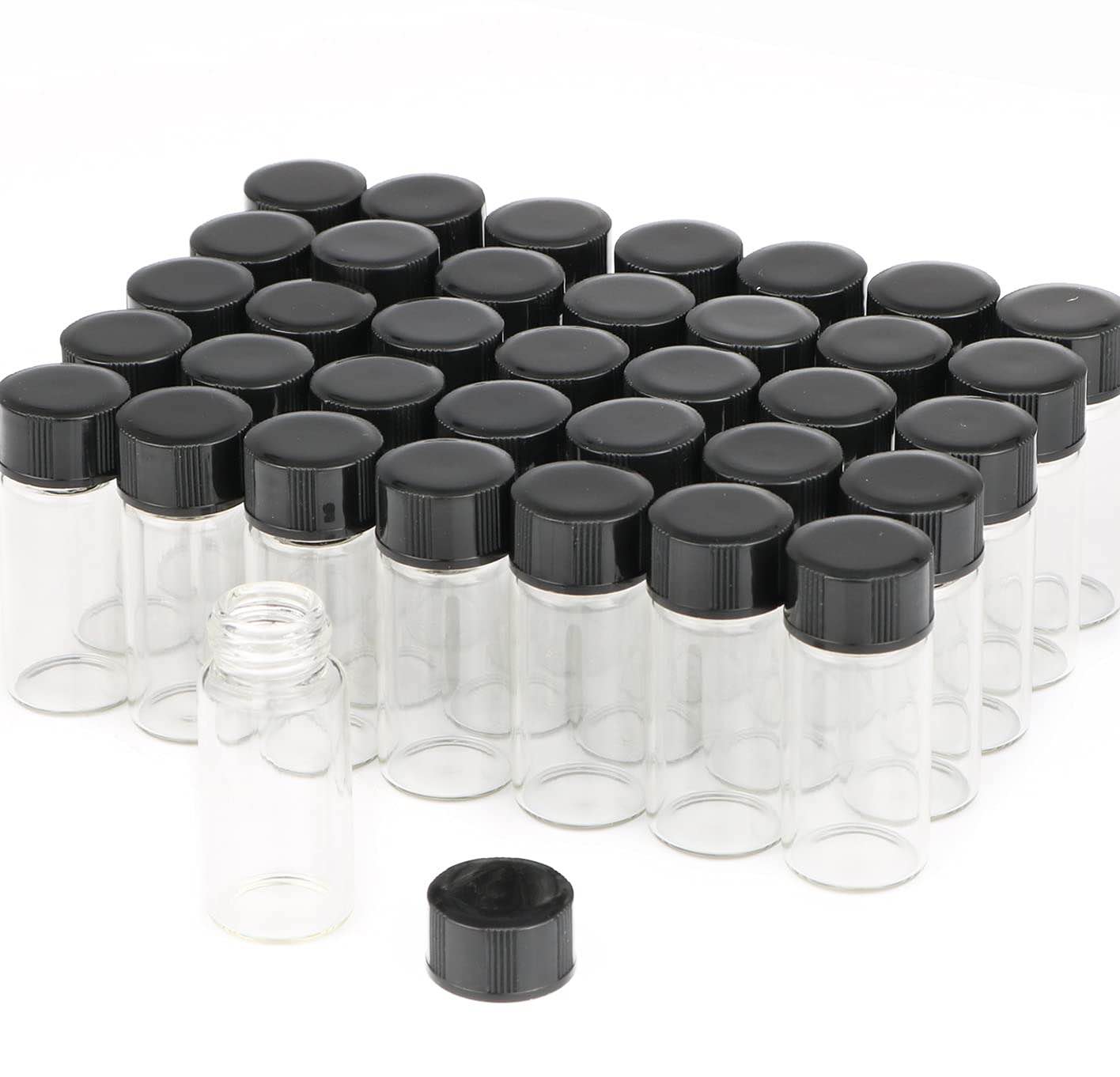 100 Pack,Glass Essential Oil Bottle with Screw Caps,Empty Refillable Travel Glass Liquid Sample Vial Labs Preservation Storage Leakproof Vials Test Container with Black Screw Caps (Clear, 5ml)