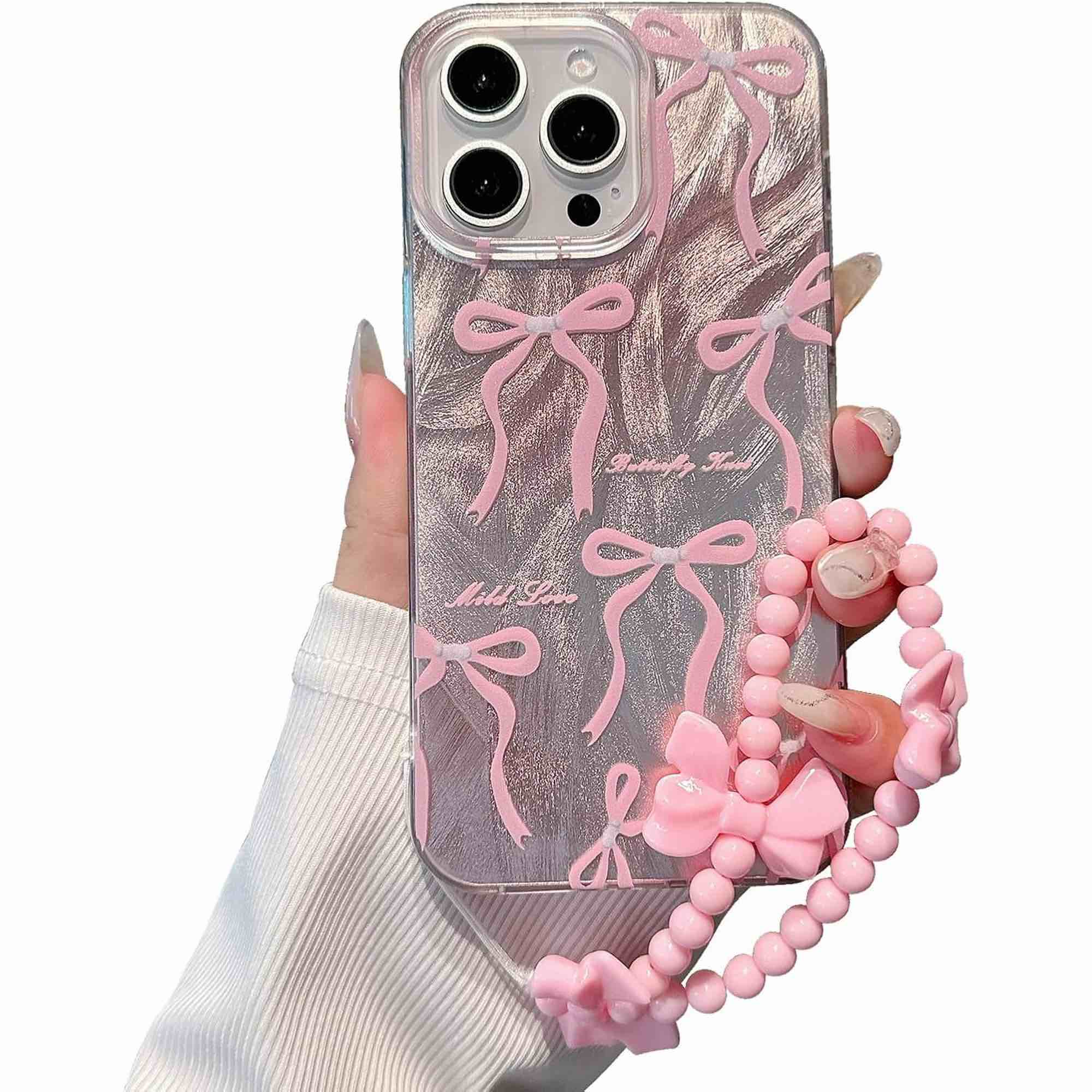 for iPhone 15 Case with Cute Bow Tie Ribbon Laser Design with Bowknot Bracelet Chain,Soft TPU Camera Lens Protection Slim Thin Phone Cover for Girls Women Pink
