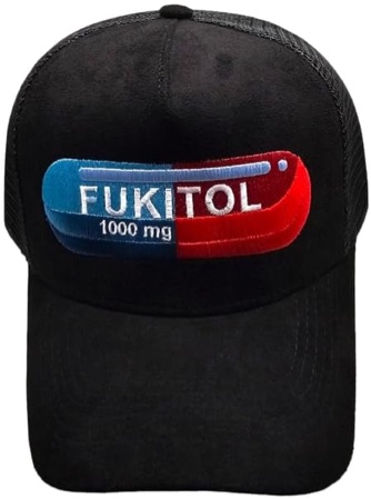 Stickeroonie Embroidered Funny Fukitol Pill Novelty Baseball Cap, Suede Mesh Trucker Hat Cap, 5-Panel Statement Cap - Black, Small-Medium