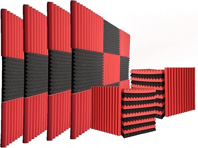 ydhtdlhc 52 pack of 1 x 12 x 12 inches acoustic foam panels - acoustic foam - high density - flame retardant - for home work recording studios(black/red)