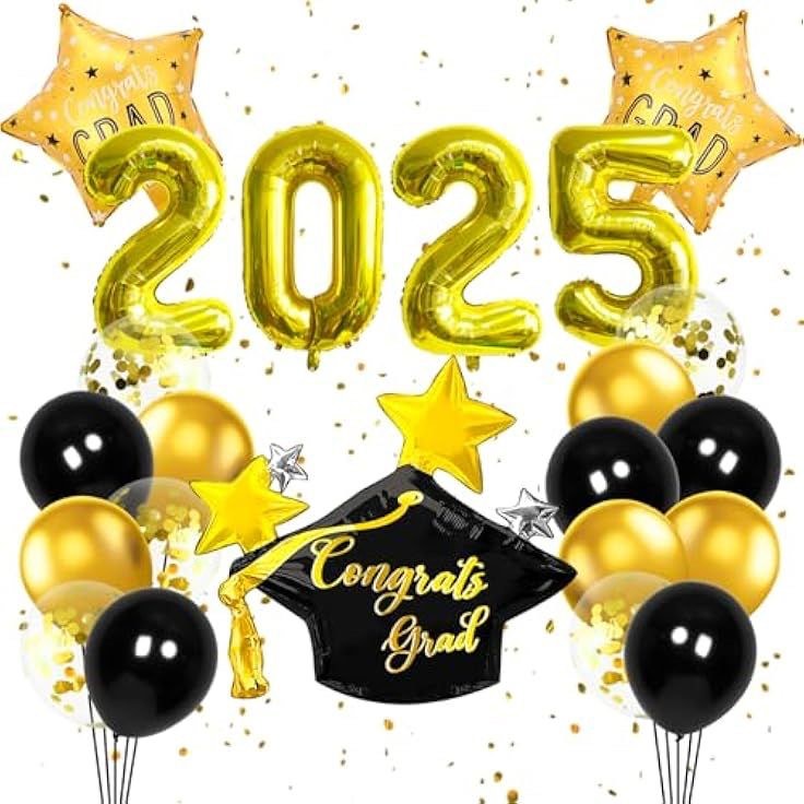 Graduation Decorations 2025 Balloons Gold, 16 Inch Number Balloon, Congrats Grad Printed Graduation Cap Balloon for Class of 2025 Decorations Gold and Black Party Decoration Grad Party(Grad02)