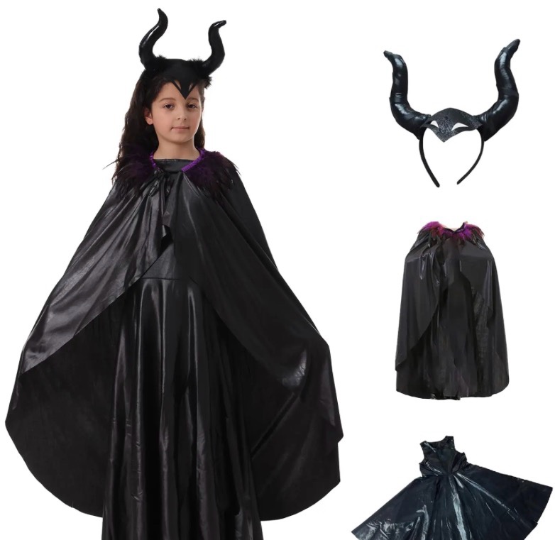 EQTGI 3Pcs Maleficent Costume Kids Evil Queen Dress with Horn Headband Cloak for Girls Halloween Party Cosplay