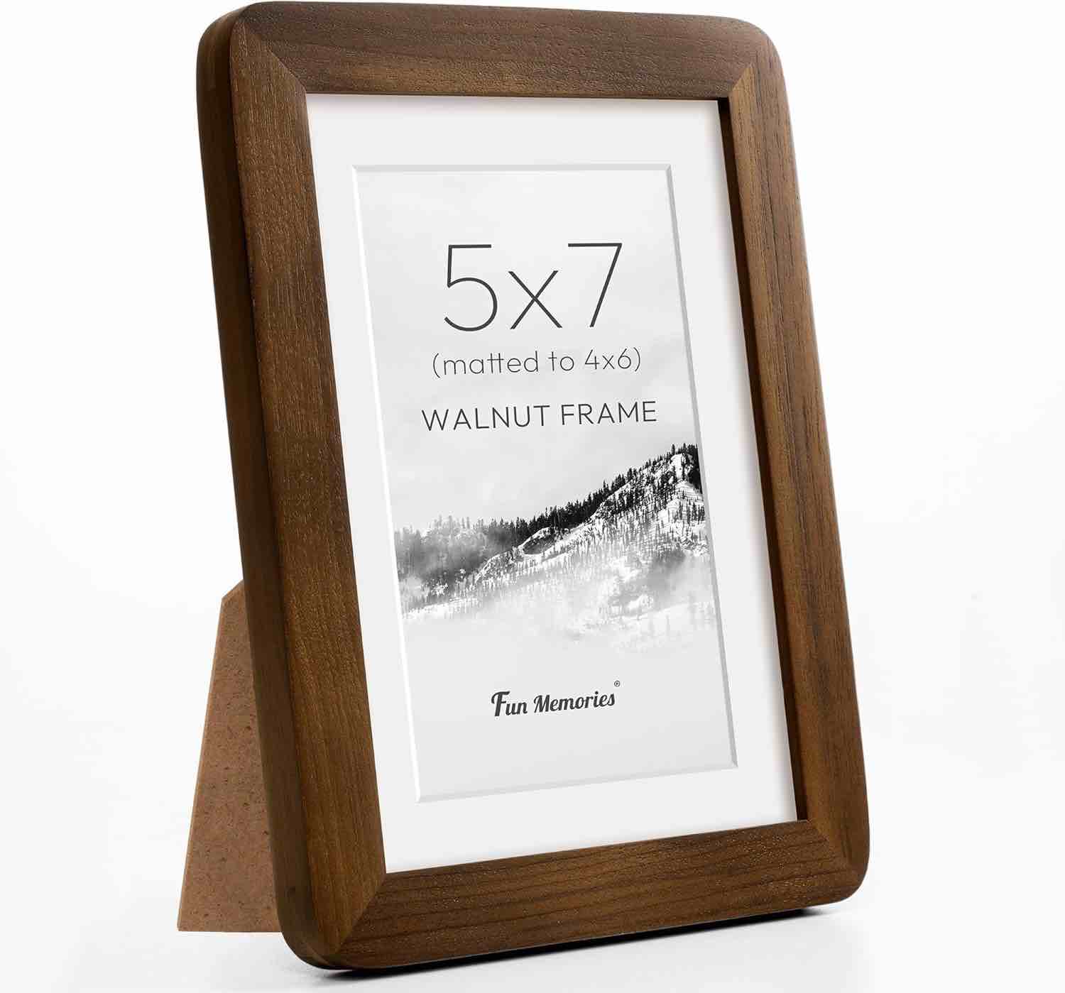 Fun Memories 5x7 Picture Frame - Solid Walnut Wood Picture Frames with HD Tempered Glass, Handcrafted Rounded Corner 5 x 7 Wooden Frame Matted to 4x6 Photos, Tabletop or Wall Display, 1 Pack