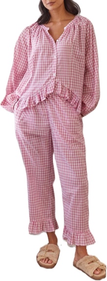 KMBANGI Women Y2k Pajama Sets Plaid Gingham 2 Piece Set Long Sleeve Button Down Shirt Bell Bottom Pants Lounge Sets