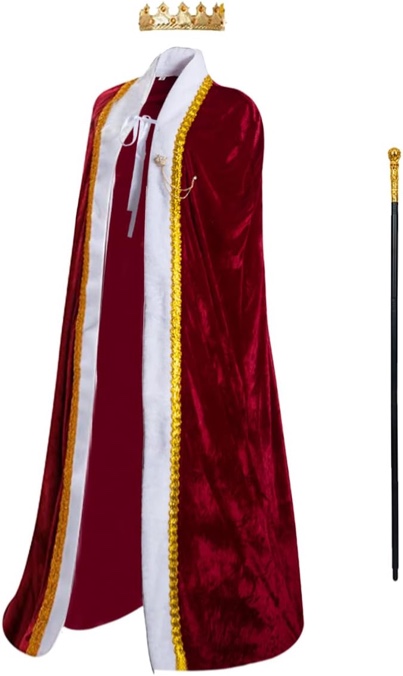 KrzyRoom Medieval King Queen Costume Royal Burgundy Velvet Robe Golden Crown and Scepter Kingdom Lord Cloak