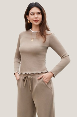 gargenwed women's two-piece lounge set — long sleeve top and wide leg pants with pocket casual comfort outfit (beige, xl)