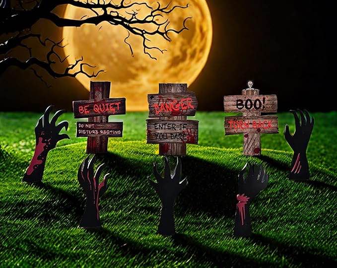 halloween decorations outdoor yard signs, 8pcs creepy blood black hand & blood warning sign with stakes for halloween lawn signs yard decorations supplies