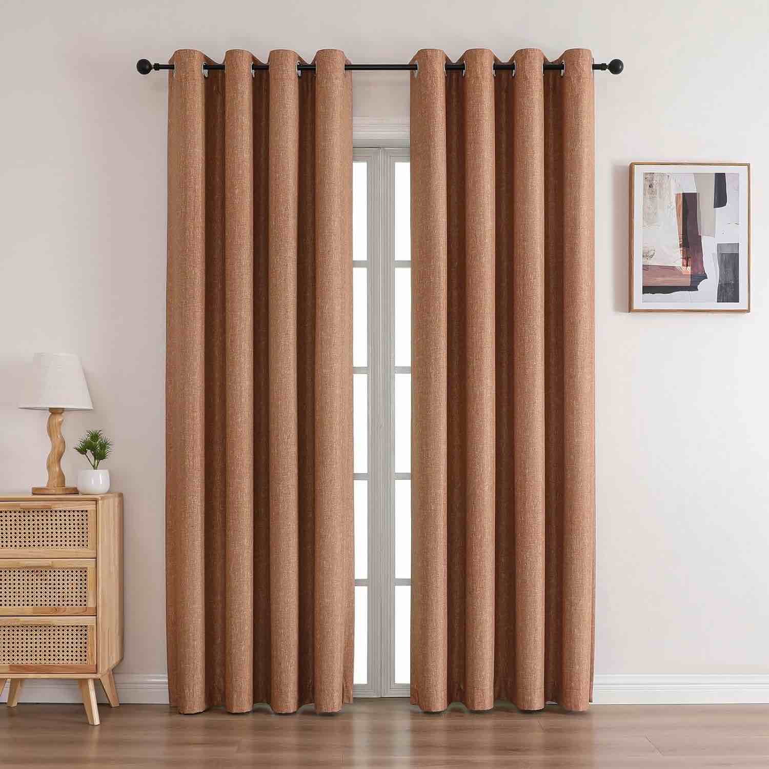 Airwill Linen Look Textured Blackout Curtains 90 Inch Length with Thermal Insulated Liner, Heavy Thick Grommet Window Curtains Drapes for Living Room (52 x 90 Inch, 2 Panels, Reddish Brown)