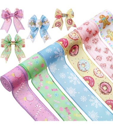 6PCS Christmas Ribbon,Pink Wired Ribbon,Xmas Fabric Craft Strip Band for Hand Craft Bow Tie Xmas Wreath Floral Gift Box Wrapping,Christmas Decorations Gifts,30 Yards