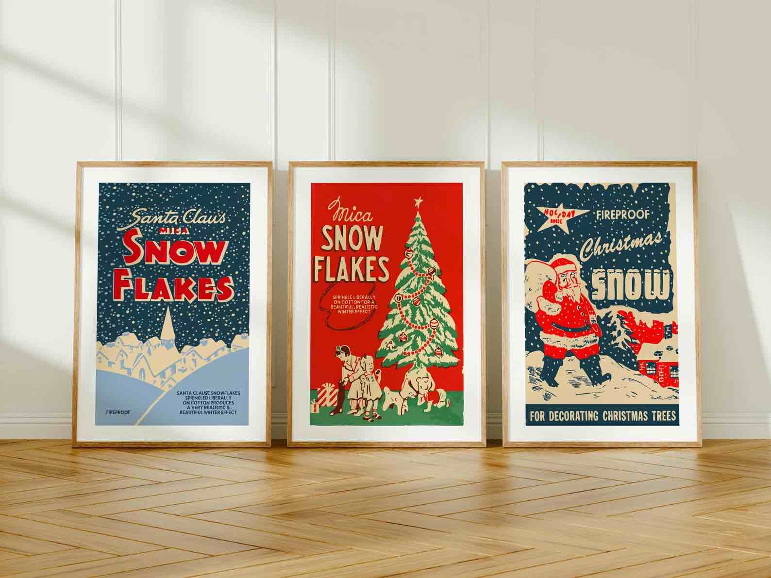 Nipil Retro Christmas Santa Claus Christmas Wall Art Decor Set of 3,Vintage Snow Flakes Christmas Xmas Winter Wall Prints Kitchen Christmas Decor Holiday Party Gift for Home