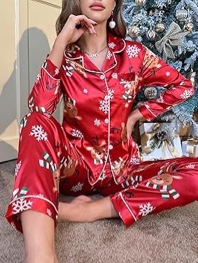 YIJIU Womens Silk Satin Pajamas Set Short Sleeve Sleepwear Soft Button Down Loungewear Two-piece Pjs Sets XXL (Red Deer)