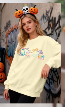 MOUSYA Spooky Season Sweatshirt Halloween Sweatshirts for Women Ghost Fall Embroidered Sweater Pullover Top (Apricot, Large)
