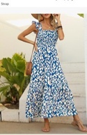 LOLONG Maxi Dress for Women Summer Boho Spaghetti Strap Square Neck Ruffle Beach Sun Dress X-Large Printed Blue