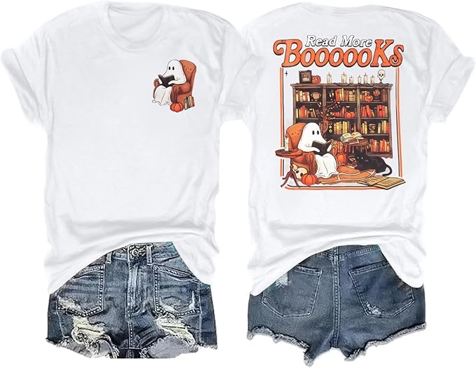 Halloween Teacher Shirts Women Spooky Teachers T-Shirt Cute Ghost Pumpkin Graphic T Shirt Teach My Boo Reading Tops