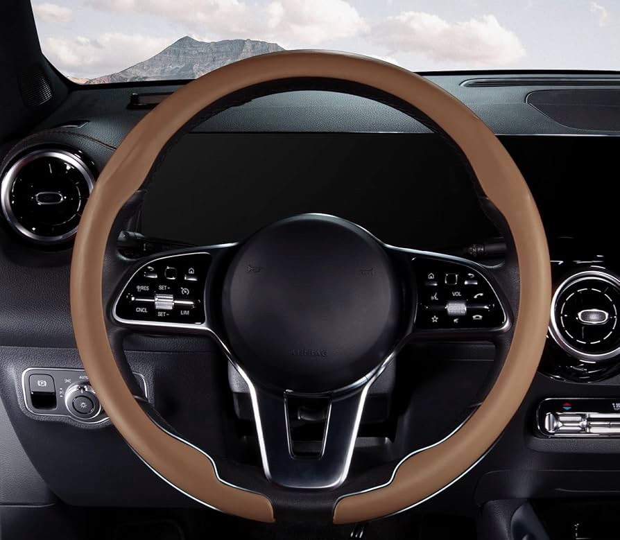 ?Aotoyou Steering Wheel Cover — Men’s Leather Car Steering Wheel Accessories — Thin Snap On Steering Wheel Protector — 14.5-15 inches Universal, Brown H Standard Size (14.5"-15")