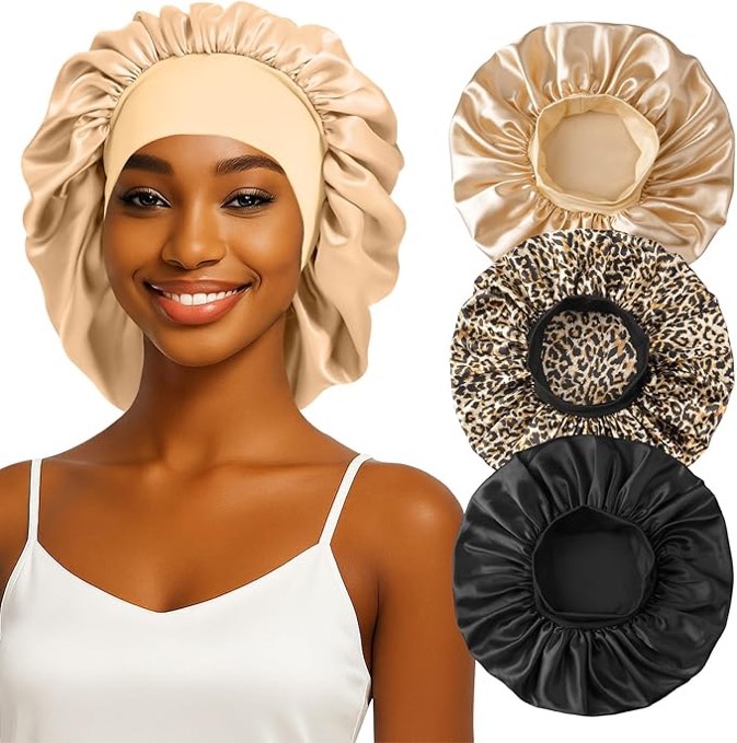 Silk Sleep Bonnet for Women, Large Satin Hair Cap with Elastic Band for Curly Hair and Frizz Control