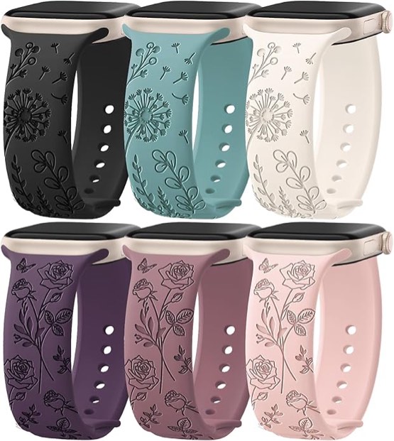 6 pack floral engraved silicone bands compatible for apple watch band 38mm 40mm 41mm 42mm 44mm 45mm 46mm 49mm women,flower sport straps for iwatch series 10 9 8 se ultra 7 6 5 4 3 2
