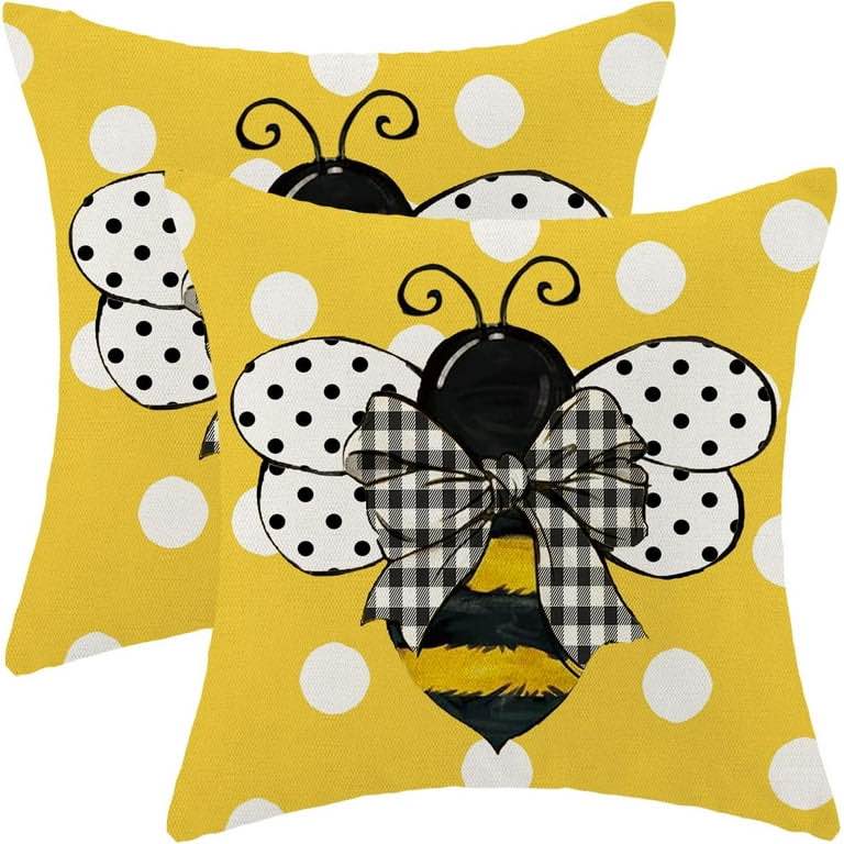 Summer Pillow Covers 18x18 Set of 2, Yellow Bee Polka Dots Decorative Throw Pillows Linen Cute Farmhouse Cushion Pillow Covers for Sofa Couch Outdoor Decor