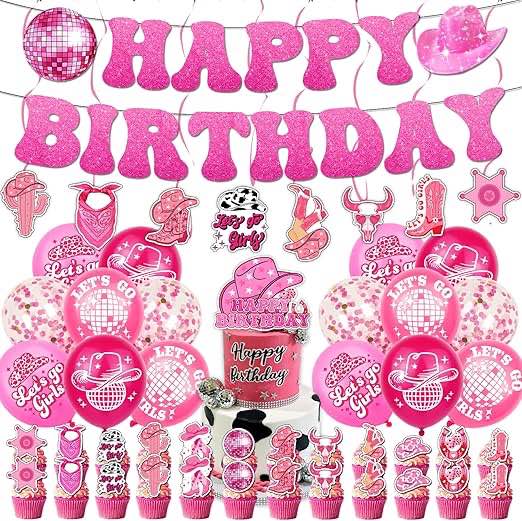 51 Pcs Cowgirl Birthday Party Decorations Set, Pink Western Theme Kit with Banner, Cake Toppers, Balloons,Hang Swirls