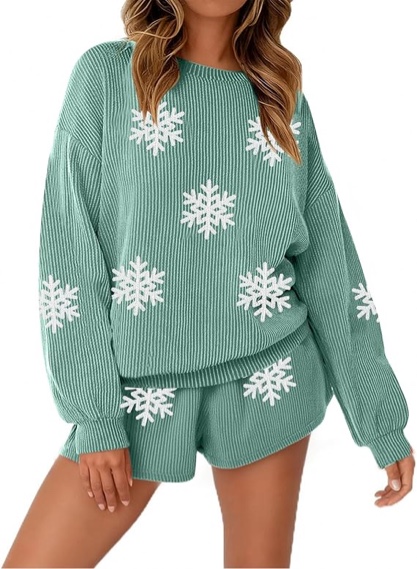 ASTANFY Christmas Sweaters Women 2 Piece Sets Matching Christmas Pajamas Long Sleeve Top and Shorts Lounge Set with Pockets