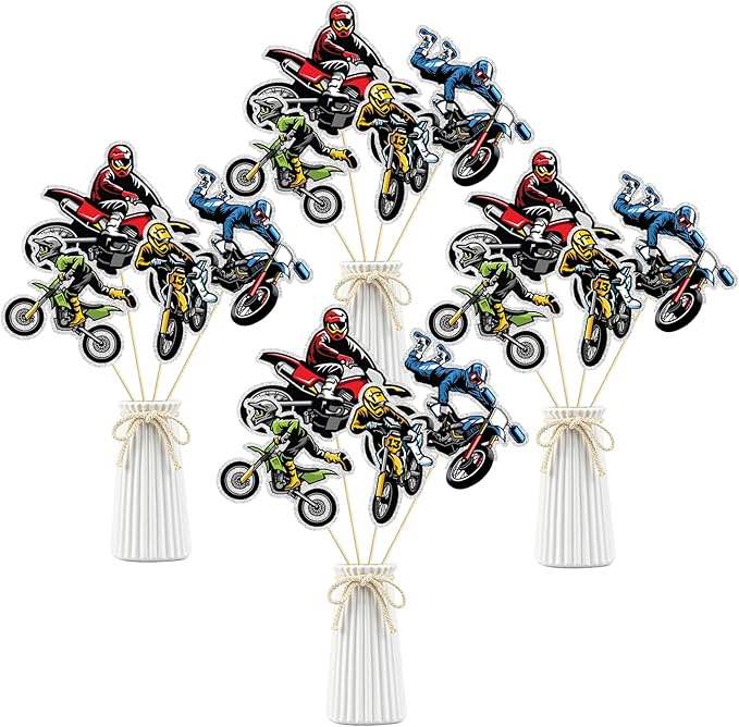 Set of 16 Motorcycle Theme Centerpiece Sticks, Boy Kid Birthday Table Toppers, Extreme Dirt Bike Party Decorations, Happy Birthday Cake Picks