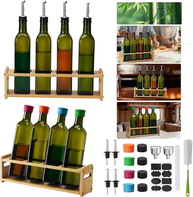 4-pack 17oz oil dispenser for kitchen with tray – wine bottle set, borosilicate glass bottles with natural bamboo tray for kitchen, bar, storage (green, square bottle, single layer)