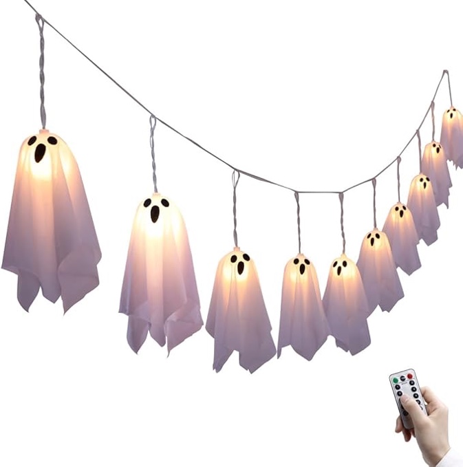 Halloween Ghost Decor, 10Pcs Spooky Ghosts String Lights Battery Operated with Timer, 8 Lighting Ghost Garland for Fireplace Window Indoor Outdoor Halloween Decorations
