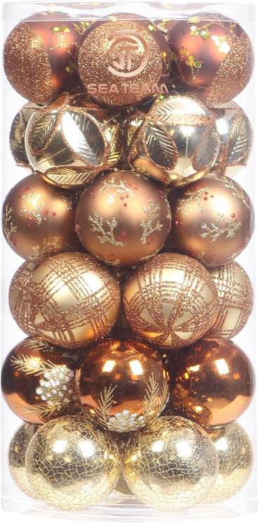 Sea Team 60mm/2.36" Delicate Contrast Color Theme Painting & Glittering Christmas Tree Pendants Decorative Hanging Christmas Baubles Balls Ornaments Set - 30 Pieces (Bronze & Gold)