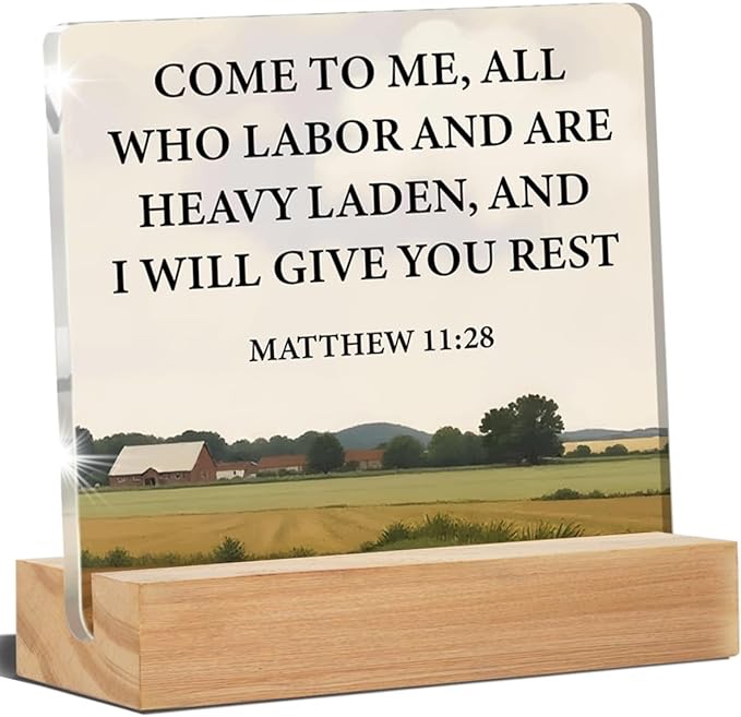Vintage Christian Art Desk Decor Bible Verse Field Landscape Matthew 11:28 Acrylic Sign Home Office Decoration Gift