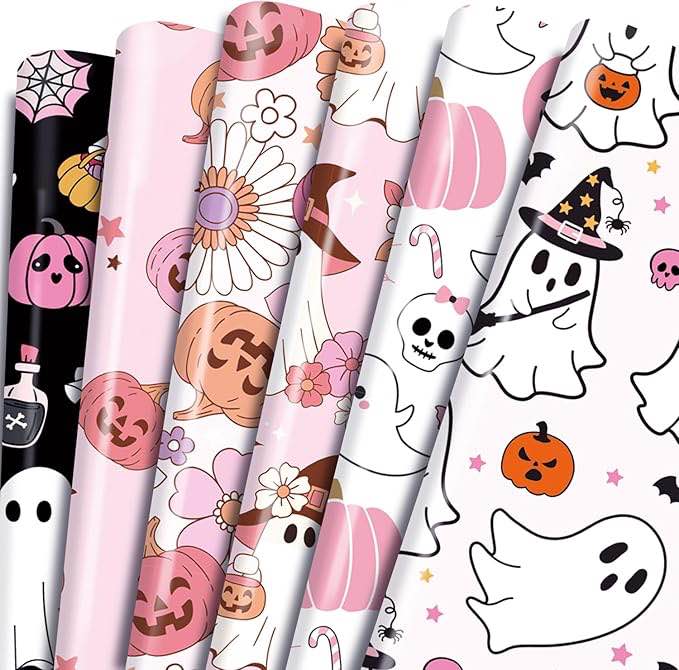 KELUNA Pink Halloween Wrapping Paper — 12 Sheets Pink Ghost Pumpkin Skull Art Design Gift Wrap Paper — Halloween Decoration, Birthday Baby Shower Holiday Valentine's Day (B0500945)